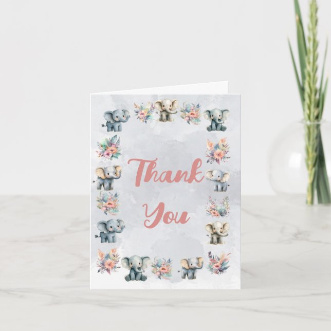 Eléphants Boho Jungle Fleurs Gris Carte de remerci (Devant)
