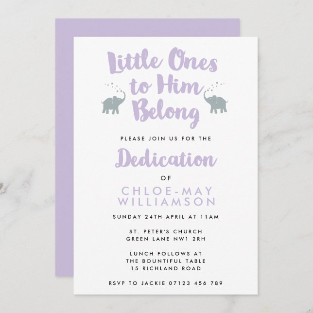 Elephants Christian Dedication Invitation | Lilac (Devant / Derrière)