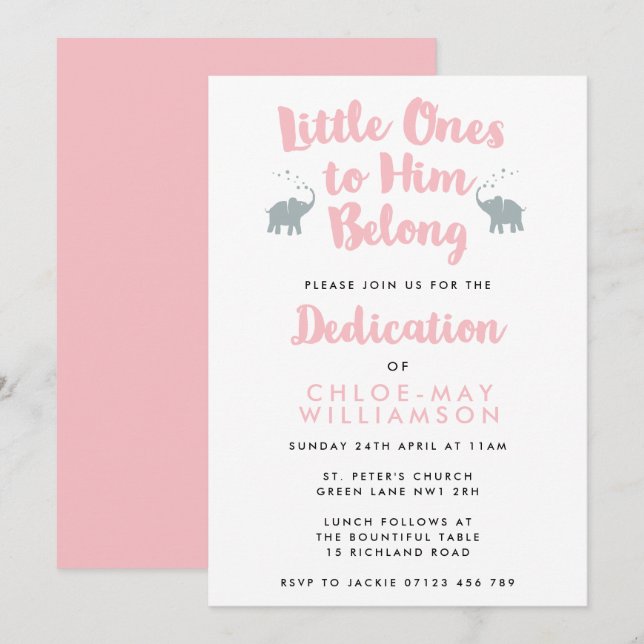 Elephants Christian Dedication Invitation | Rose (Devant / Derrière)