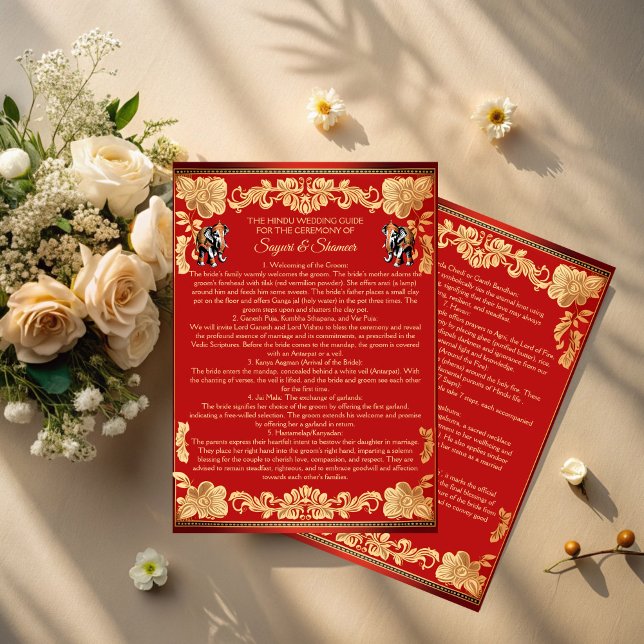 Éléphants en or rouge programme de rituels de mari (Red gold elephants Indian wedding rituals program editable template instant download)