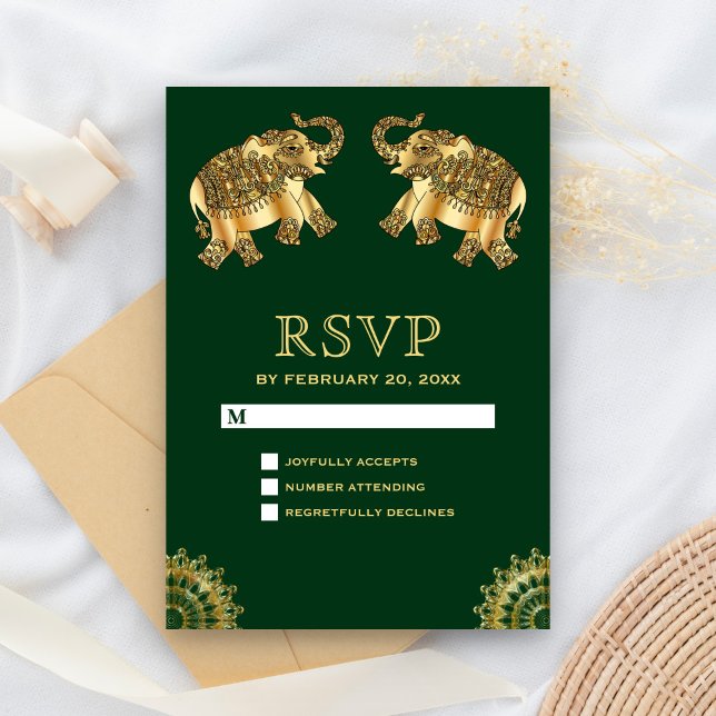 Éléphants ethniques en or vert RSVP indien (Créateur téléchargé)