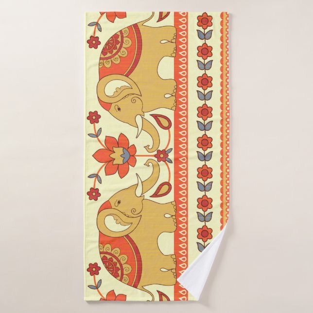 éléphants ethniques, fleurs, motif sans soudure. (Serviette de bain)