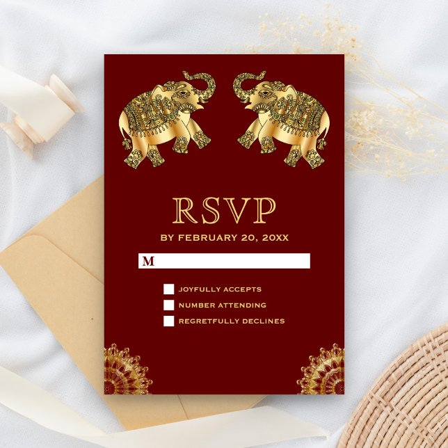 Éléphants ethniques or rouge RSVP indien (Créateur téléchargé)