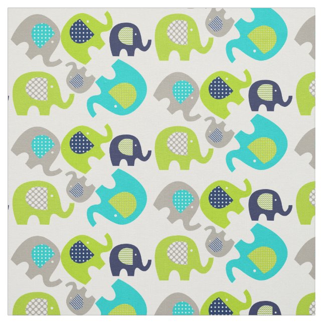 Éléphants gris de vert bleu sur le tissu blanc (Échantillon)