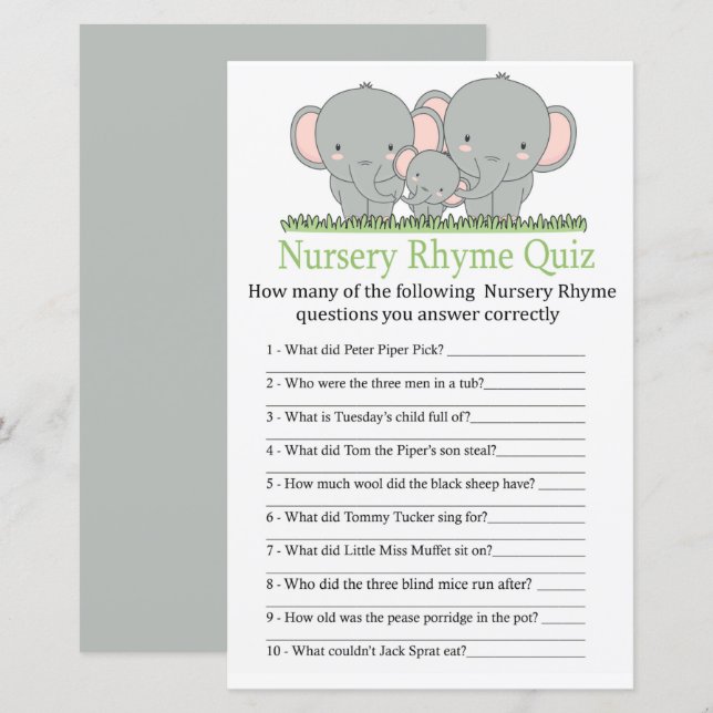Elephants Nursery Rhyme Quiz jeu de baby shower (Devant / Derrière)