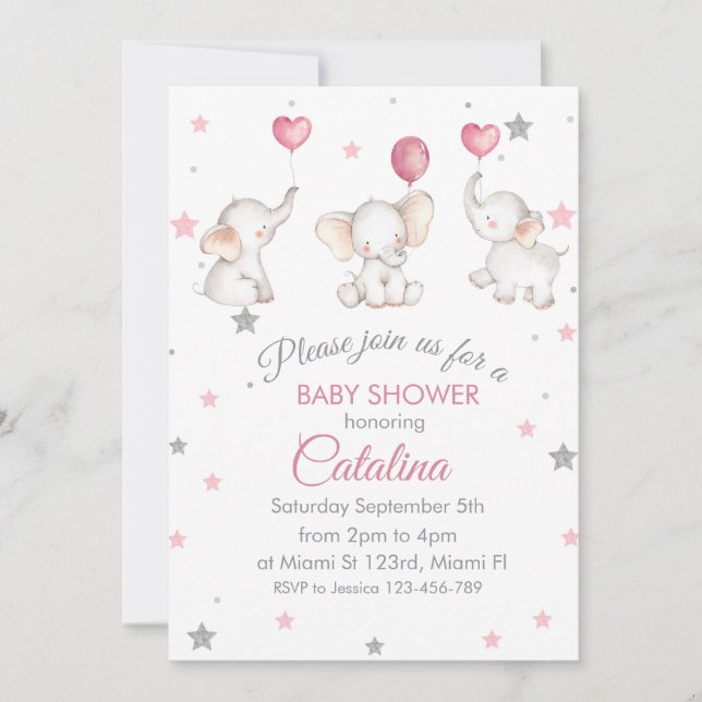 Elephants with Baloons Girl Baby Shower Invitation (Devant)