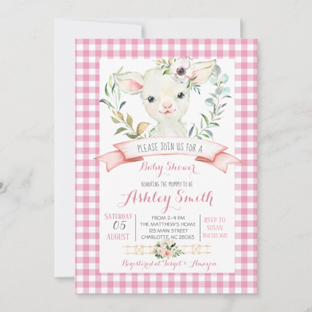 élevage de moutons baby shower invitation fille ro (Devant)