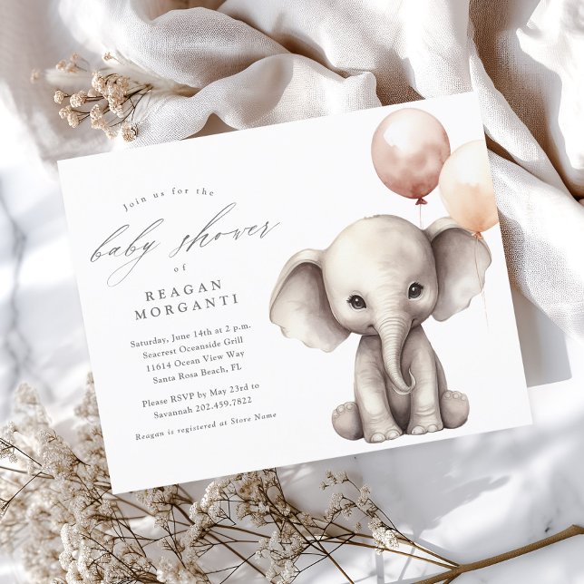 Élévéphant avec Ballons Fête de Naissance Neutre e (Cute Elephant with Balloons Gender Neutral Budget Baby Shower Invitation.)