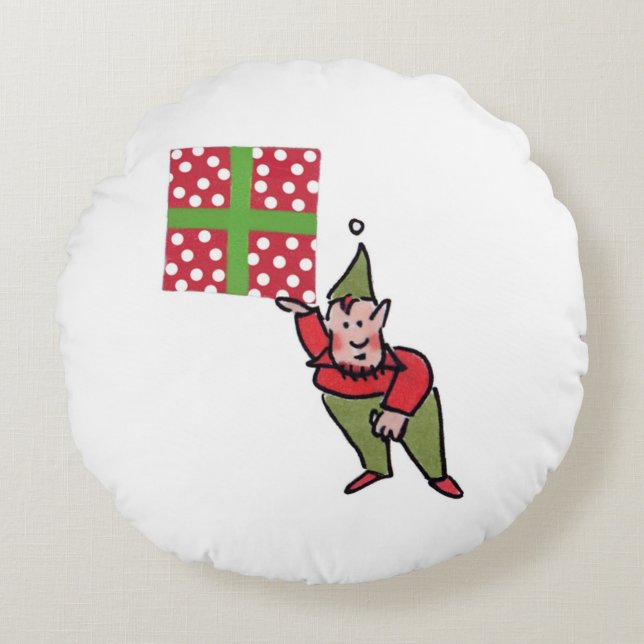 Elf avec Polka Dot Cadeau rond rouge poly coussin (Devant)