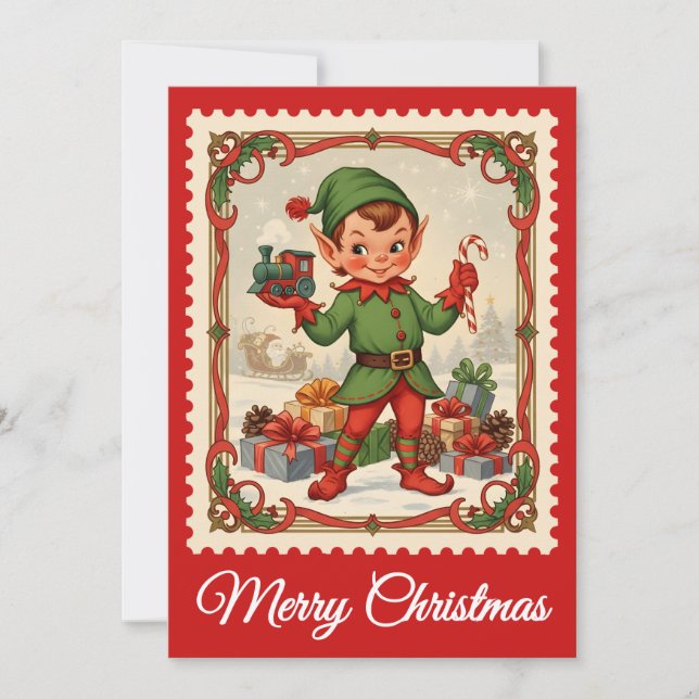 Elf | Carte de Noël Retro Postage (Devant)