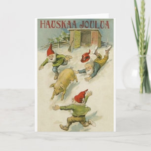Elf finlandais vintage et carte de Noël de porc