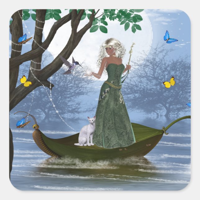 Elfe avec Chat Blanc équitation sur un Stickers Fe (Devant)