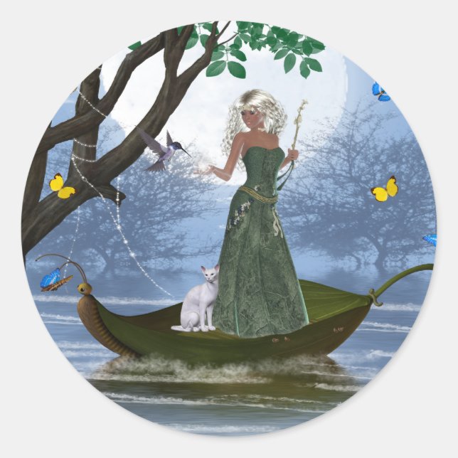 Elfe avec Chat Blanc équitation sur un Stickers Fe (Devant)