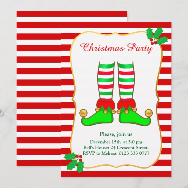 Elfe de Noël sur invitation de fête rouge et blanc (Devant / Derrière)