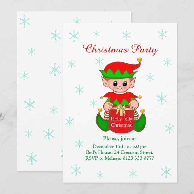 Elfe mignon sur invitation de fête de Noël blanche (Devant / Derrière)