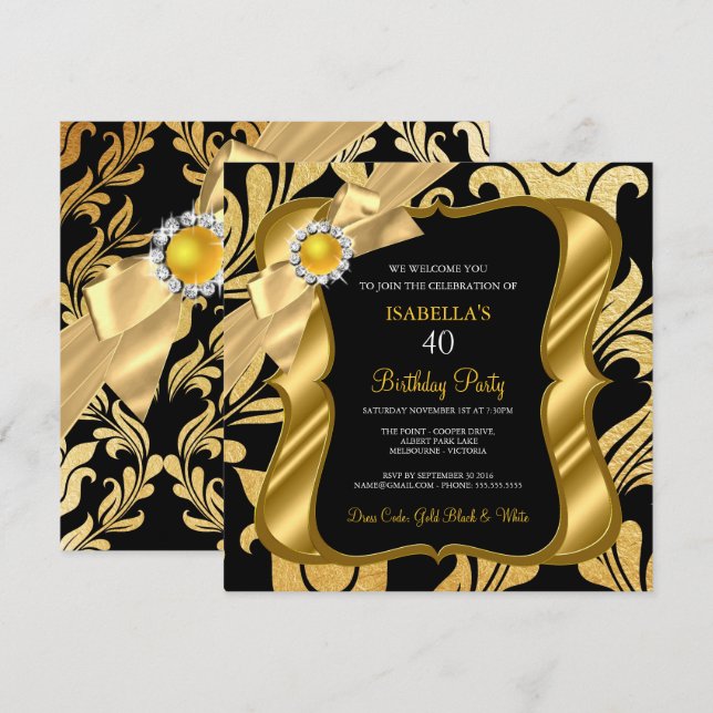 Elite Pearl Gold Bow Black Damask Invitation d'ann (Devant / Derrière)