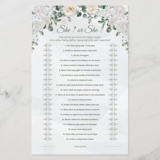 Elle A Dit, Elle A Dit Joli Jeu Mariage Imprimable (Devant)