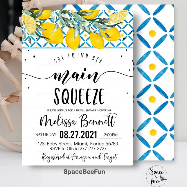 Elle A Trouvé Son Principal Invitation Fête des ma (She Found Her,Main Squeeze Bridal Shower,Invitation,Mediterranean,Lemon Blue Azulejo,Tiles Lemon,Bri)