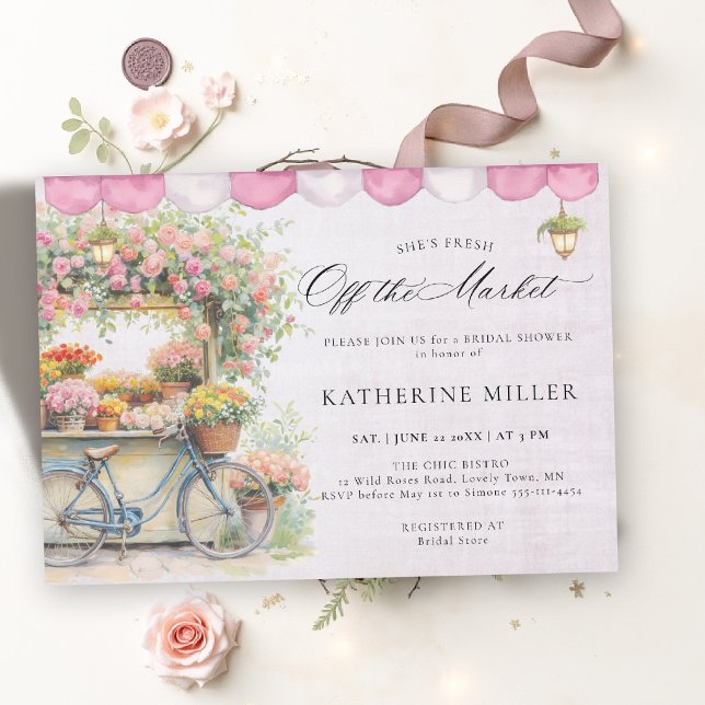 Elle est hors du marché Fleur Café Rose Invitation (off the market bridal shower invitation flower stand damask elegant backyard outdoor garden party)