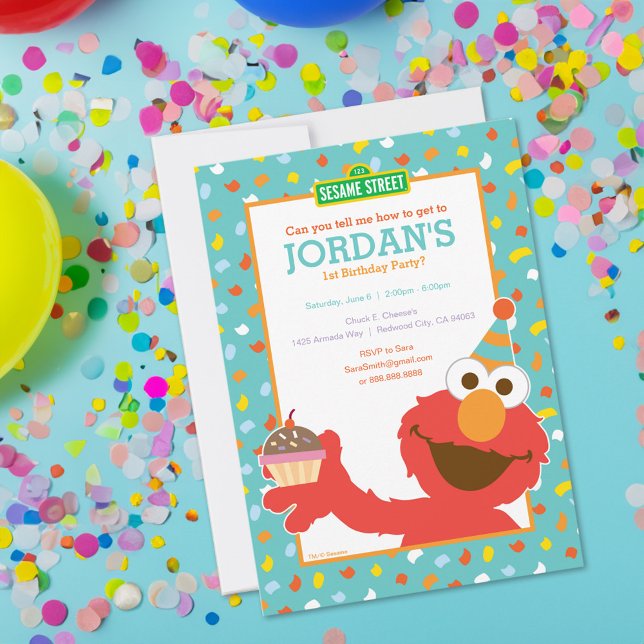 Elmo - Cupcake & Confetti 1er Invitation anniversa (Card on table)
