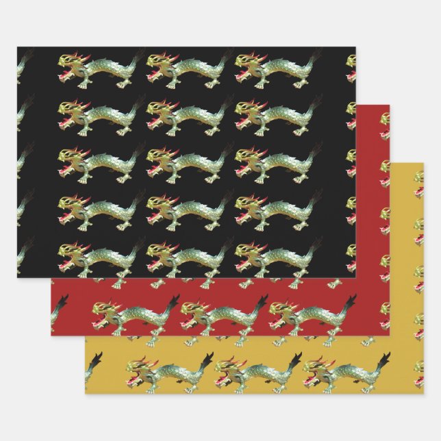 Emballage cadeau - Dragons chinois sur trois coule (Lot)