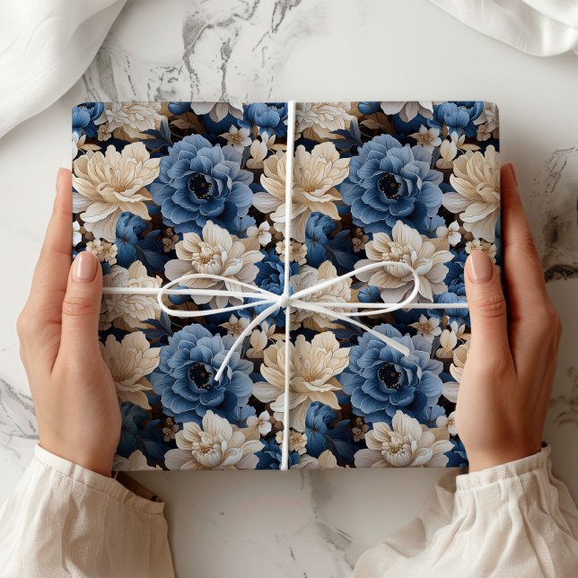 Emballage Cadeau Élégant Fleurs Blanches Bleues su (Stylish Blue White Floral Ivory Gift Wrapping Paper)