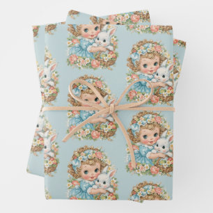 Emballage cadeau fille lapin de Pâques vintage rét