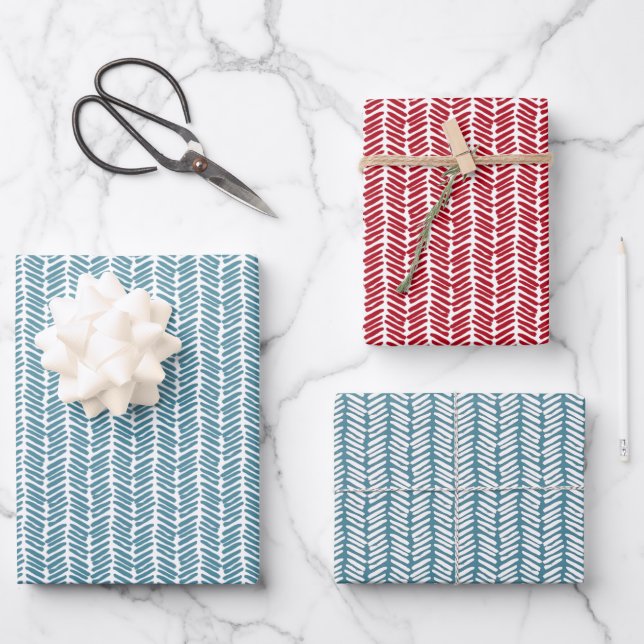Emballage Cadeau Rétro avec Motif Zigzag Rouge Fon (Recto)