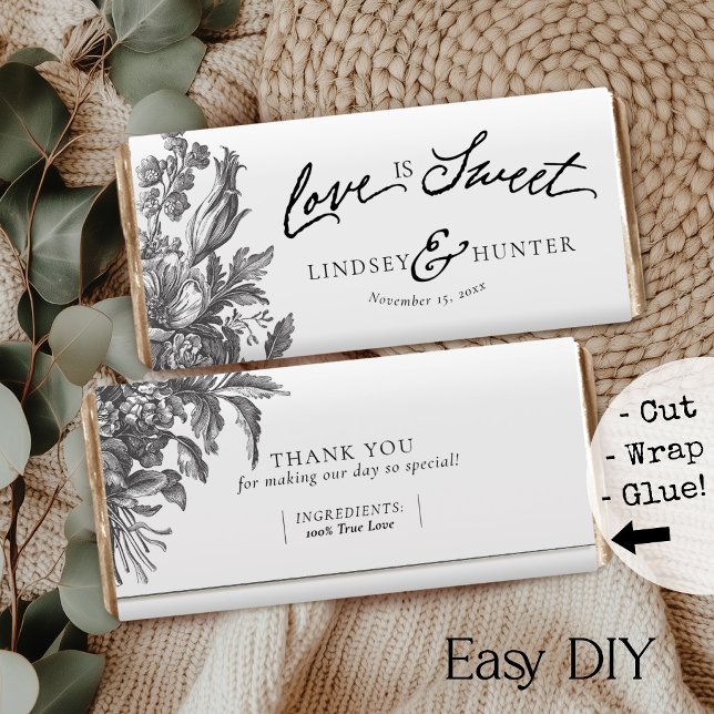 Emballage de bonbons à faire soi-même blanc à moti (Black & white elegant vintage floral Love is Sweet monogram DIY chocolate bar favor paper wrappers)
