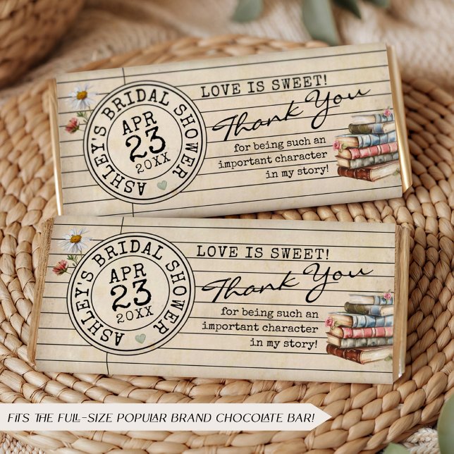 Emballage de faveur de barre de chocolat pour la d (Love is sweet vintage watercolor library card books DIY bridal shower chocolate bar favor wrapper)