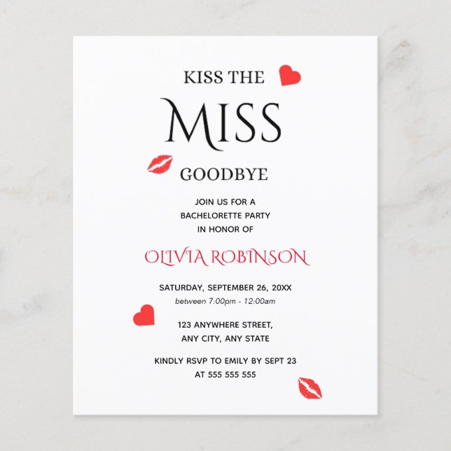 Embrasse l'Invitation de Miss Goodbye Bachelorette (Devant)