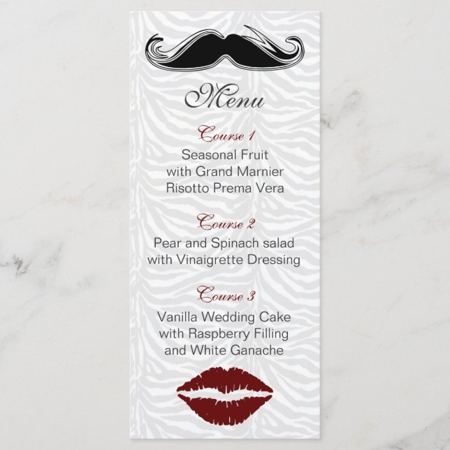 embrasser et moustache zèbre rayures menu mariage (Devant)