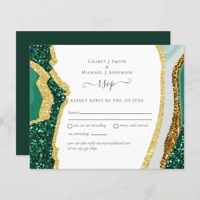 Emerald Agate Gold Wedding Budget RSVP (Devant / Derrière)