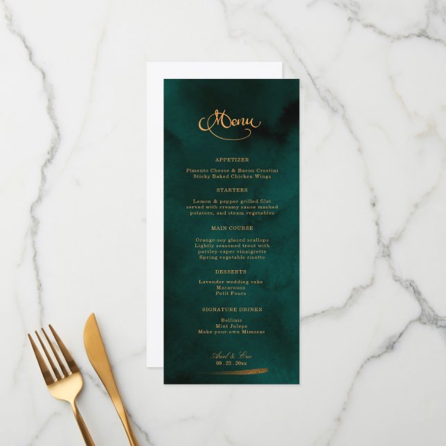 Emerald and Gold Calligraphy Elegant Wedding Menu (Devant/Arrière en situation)