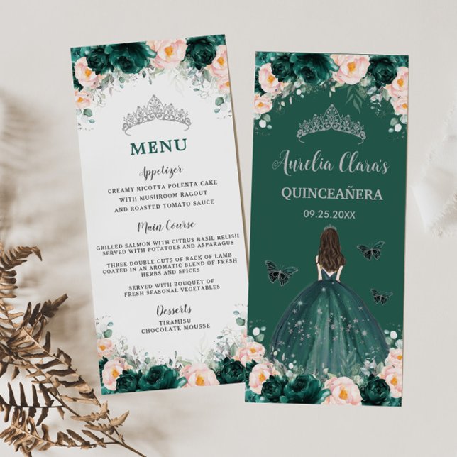 Emerald Blush Floral Princess Quinceañera Menu (Créateur téléchargé)