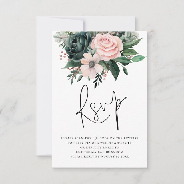 Emerald Blush Florals Script QR Code Wedding RSVP (Devant)