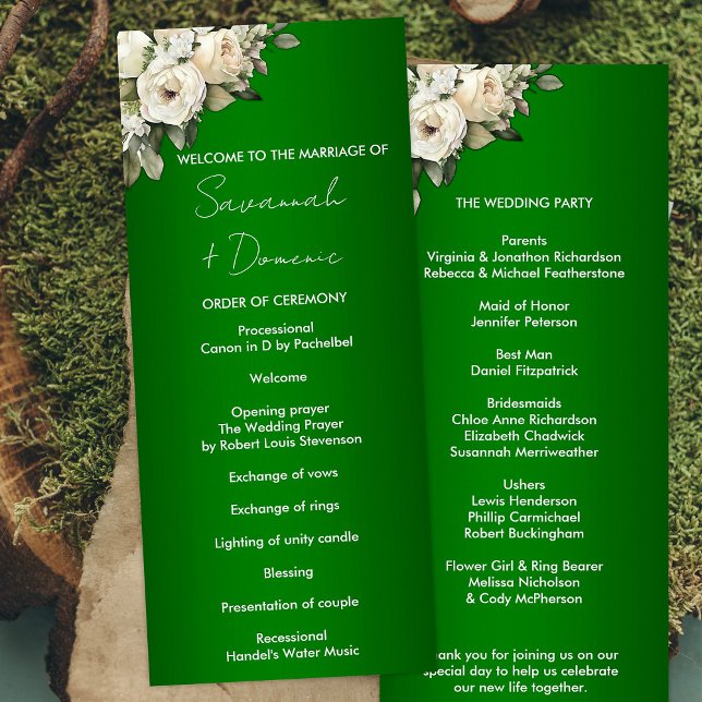 Emerald Boho White Roses Wedding Programme (Créateur téléchargé)