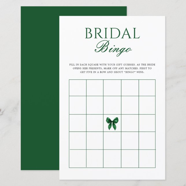 Emerald Bow Bridal Shower Bingo Game (Devant / Derrière)