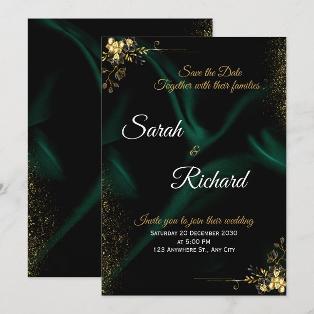 Emerald Gold Luxury Wedding Invitation (Devant / Derrière)