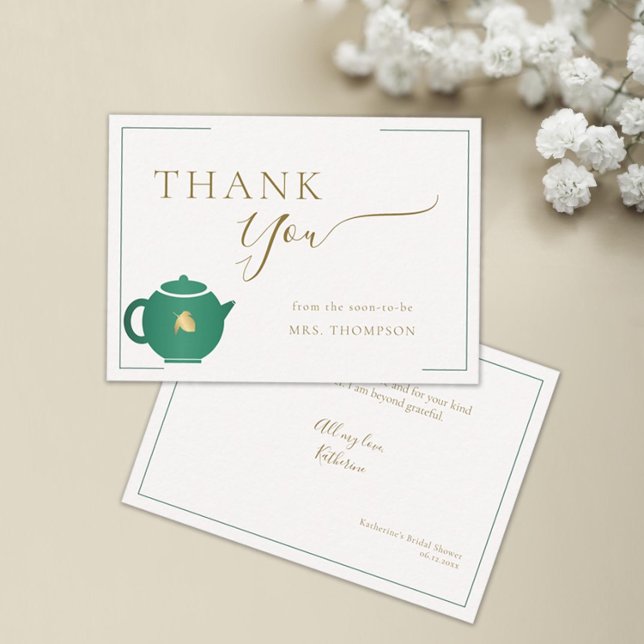 Emerald Gold Tea Elegant Merci de Fête des mariées (tea with bride thank you card bridal shower emerald green gold elegant modern classic minimalist)