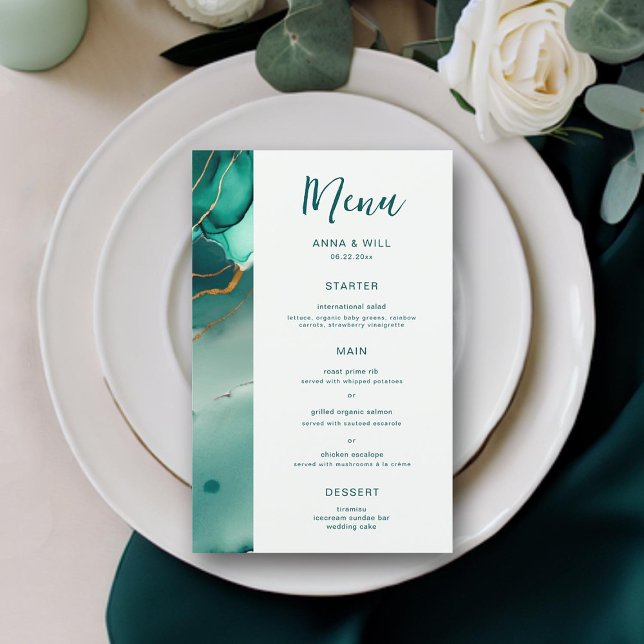 Emerald Gold Waves Elégant Mariage plage (emerald green gold modern beach wedding menu)