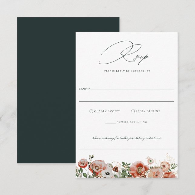 Emerald Green Automne Floral Wedal Carte RSVP (Devant / Derrière)