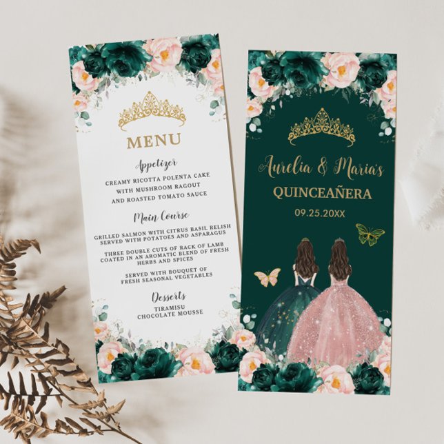 Emerald Green Blush Floral Twins Quinceañera Menu (Créateur téléchargé)