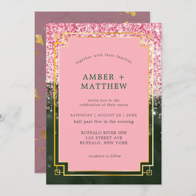 Emerald Green Canyon Rose Art Déco Mariage invite (Devant / Derrière)