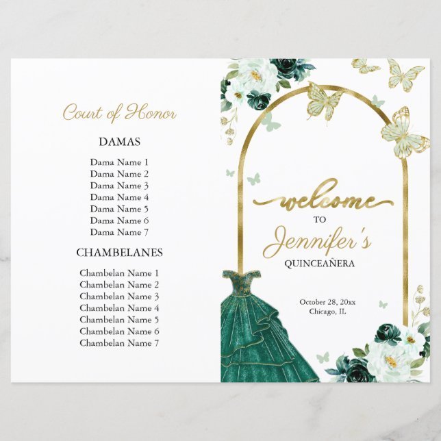 Emerald Green Dress Floral Quinceanera Programs (Devant)