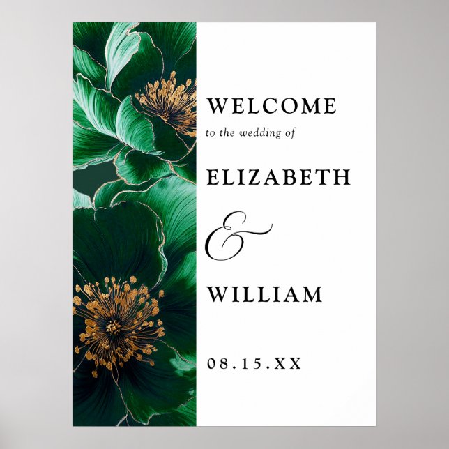 Emerald Green Elegant Floral Mariage Affiche de bi (Devant)