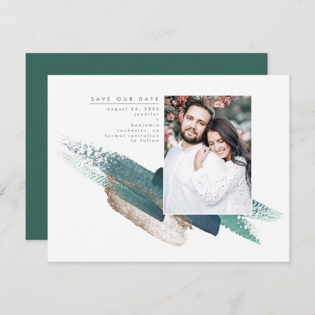 Emerald Green et Gold Modern Save the Date Photo (Devant / Derrière)