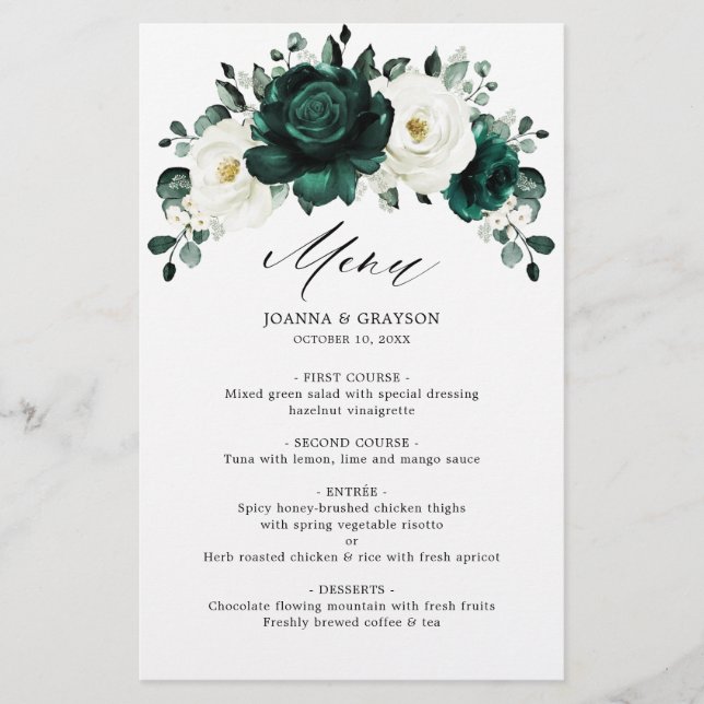 Emerald Green Eucalyptus Menu Mariage blanc (Devant)