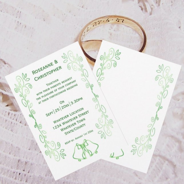 Emerald Green Faire-part de mariage Scrollwork (Emerald green wedding invitation bells and scrollwork design)