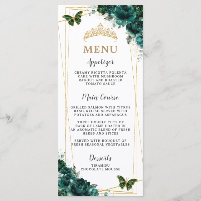 Emerald Green Floral Butterflies Quinceanera Menu (Devant)